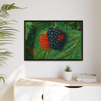 Blackberry still life framed canvas print by Printify, showcasing vibrant blackberries in a detailed, artistic design.