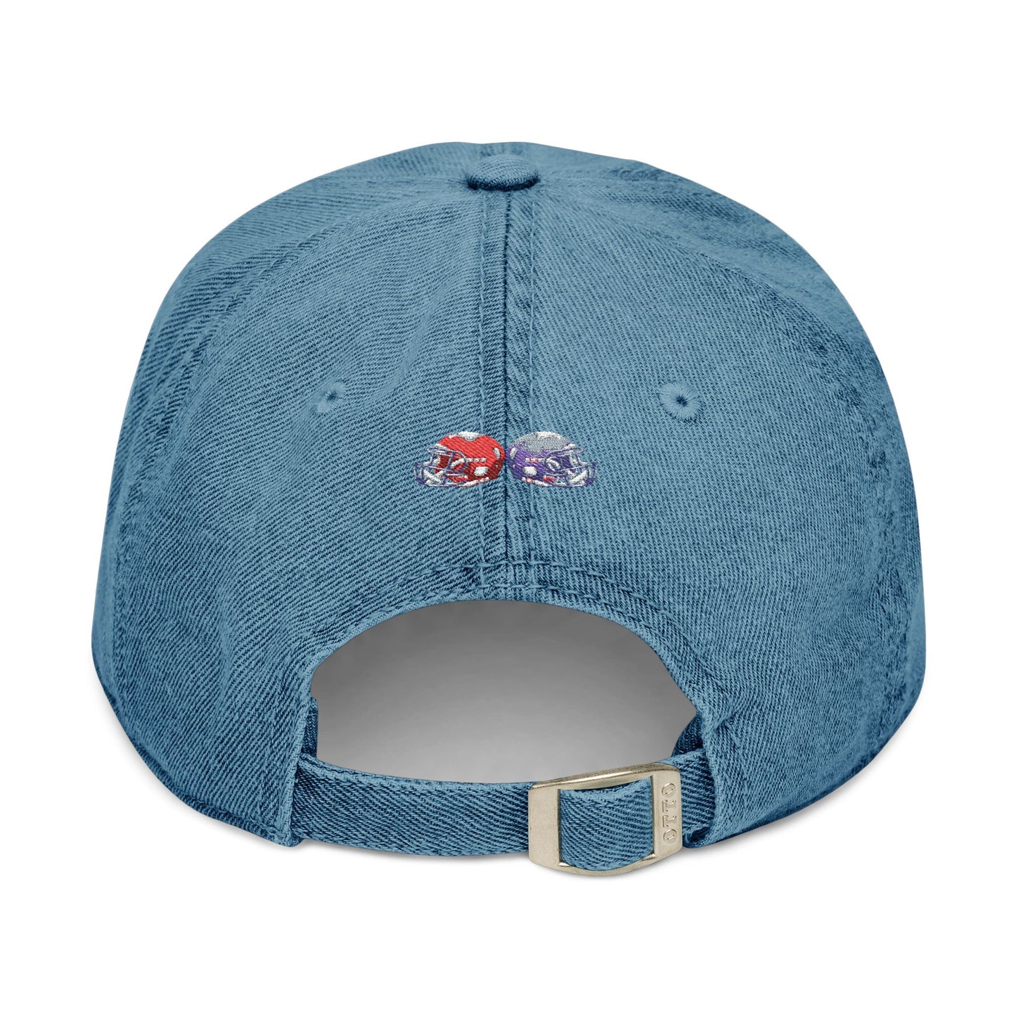 Red and blue embroidered football helmets denim hat, team cap style by Printify with detailed stitched logo design.