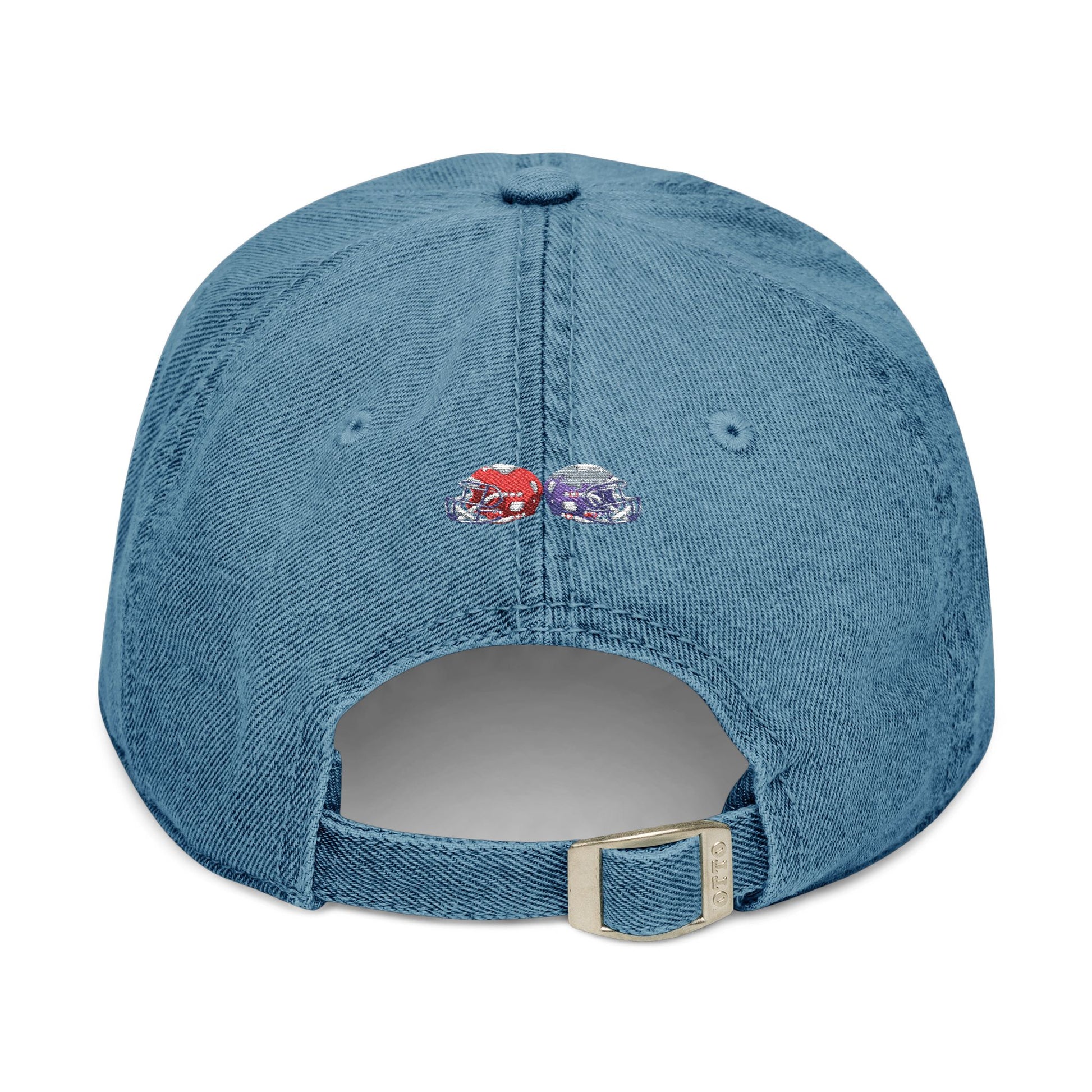 Red and blue embroidered football helmets denim hat, team cap style by Printify with detailed stitched logo design.