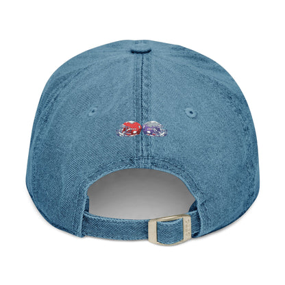 Red and blue embroidered football helmets denim hat, team cap style by Printify with detailed stitched logo design.