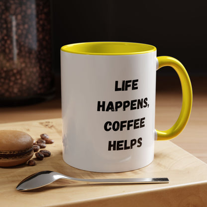 Black ceramic mug with "Life Happens Coffee Helps" slogan, 11oz size, with black handle and rim, by Printify.