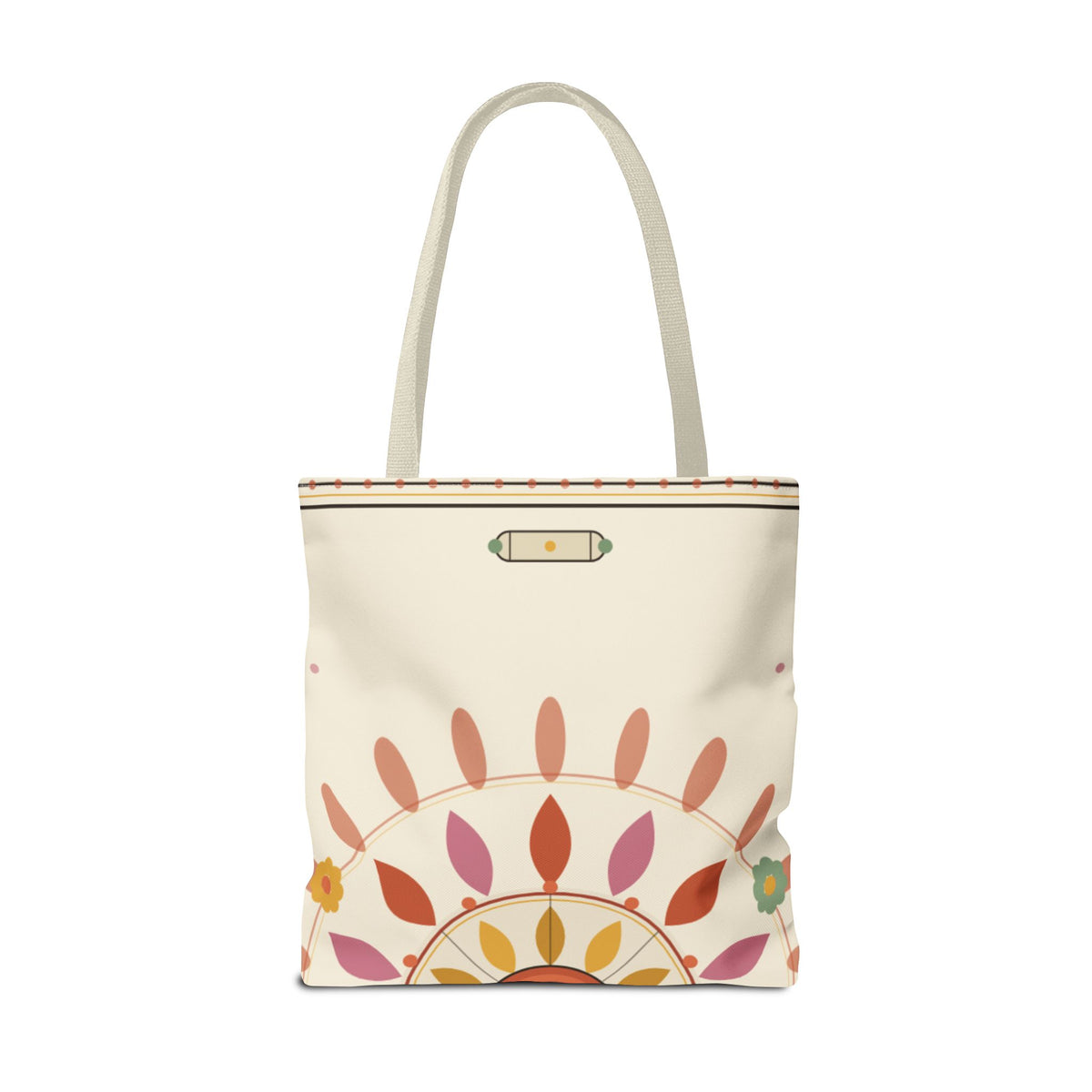 Boho floral mandala tote bag with pastel sunburst pattern, featuring colorful fabric and sturdy handles, by Printify.