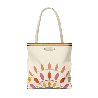 Boho floral mandala tote bag with pastel sunburst pattern, featuring colorful fabric and sturdy handles, by Printify.