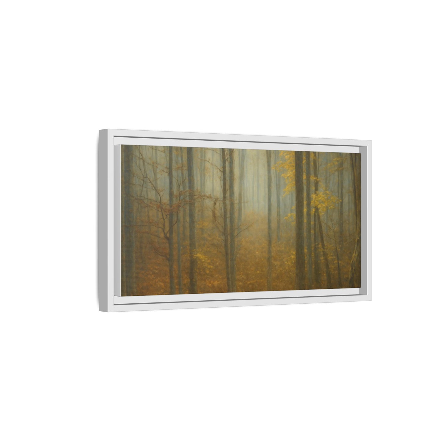 Framed matte canvas wall art of a misty autumn forest with vibrant fall colors by Printify.