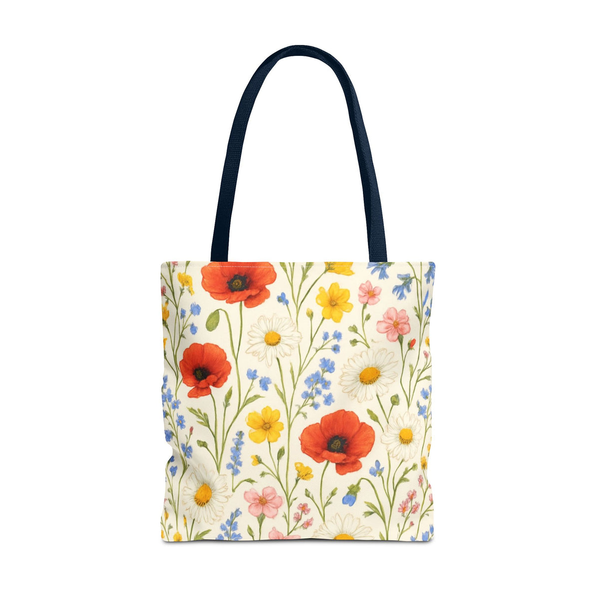 Wildflower Poppy print tote bag by Printify featuring a colorful floral all-over pattern on durable bag material.