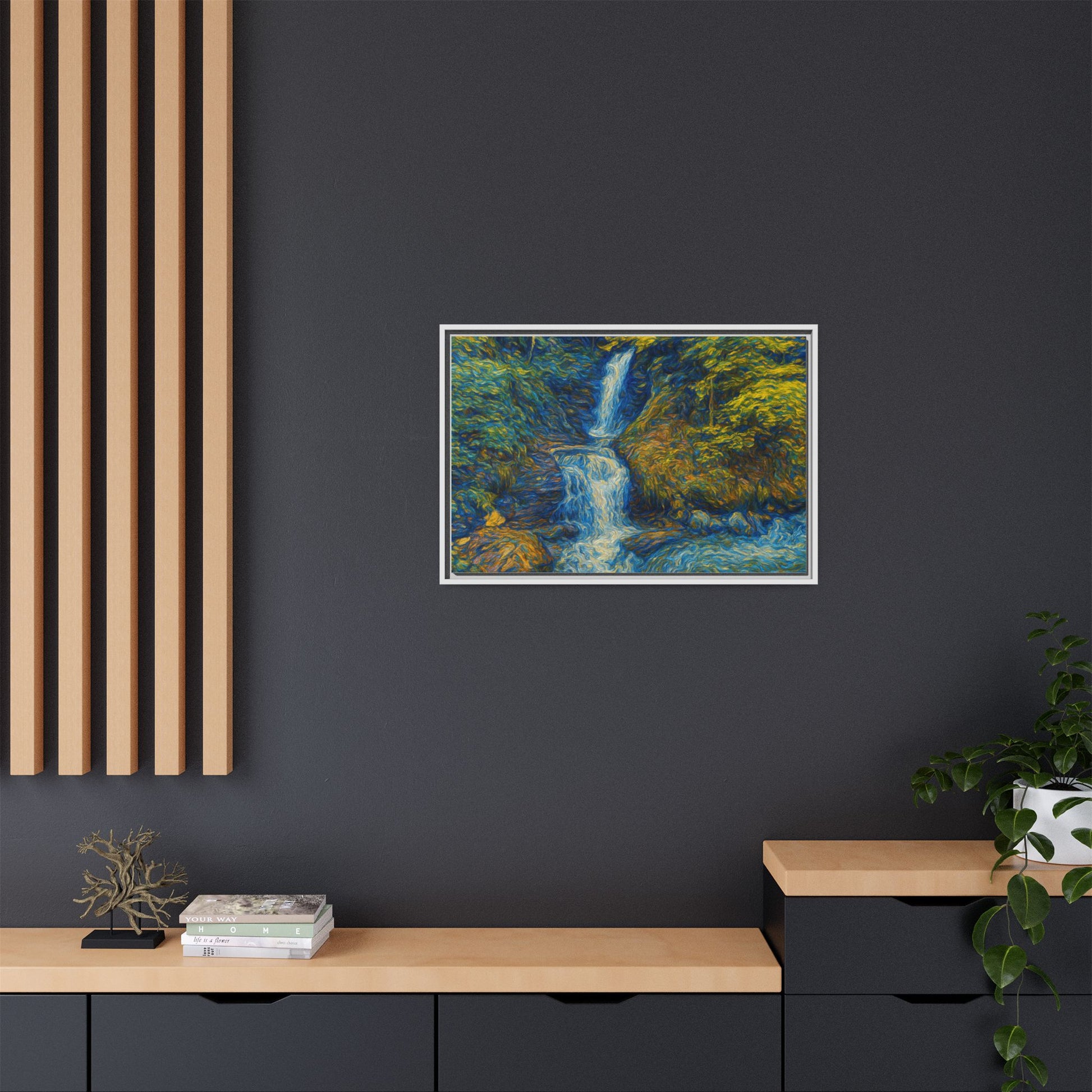 Framed matte canvas print of impressionist waterfall wall art, showcasing vibrant colors and textured brushstrokes.