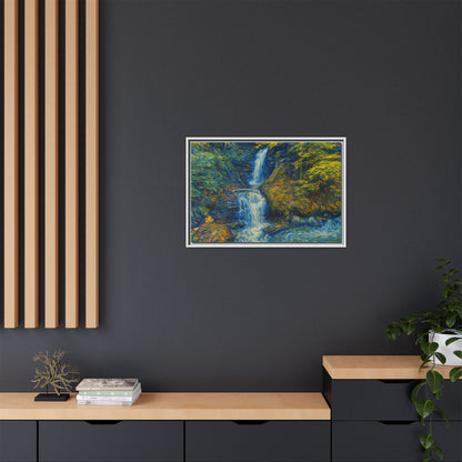 Framed matte canvas print of impressionist waterfall wall art, showcasing vibrant colors and textured brushstrokes.