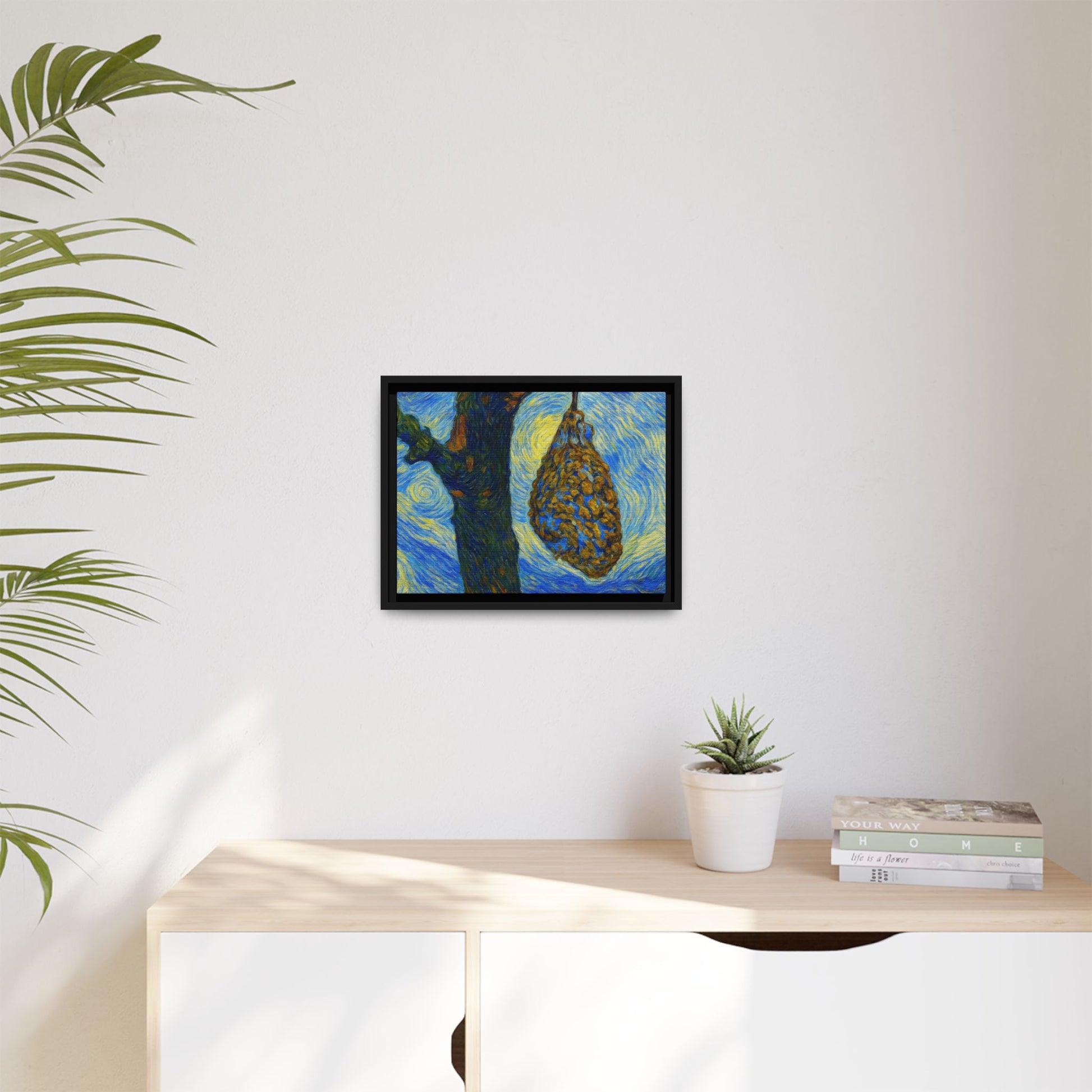 Framed matte canvas art featuring a starry nut cluster and dried plum in a tree, by Printify.