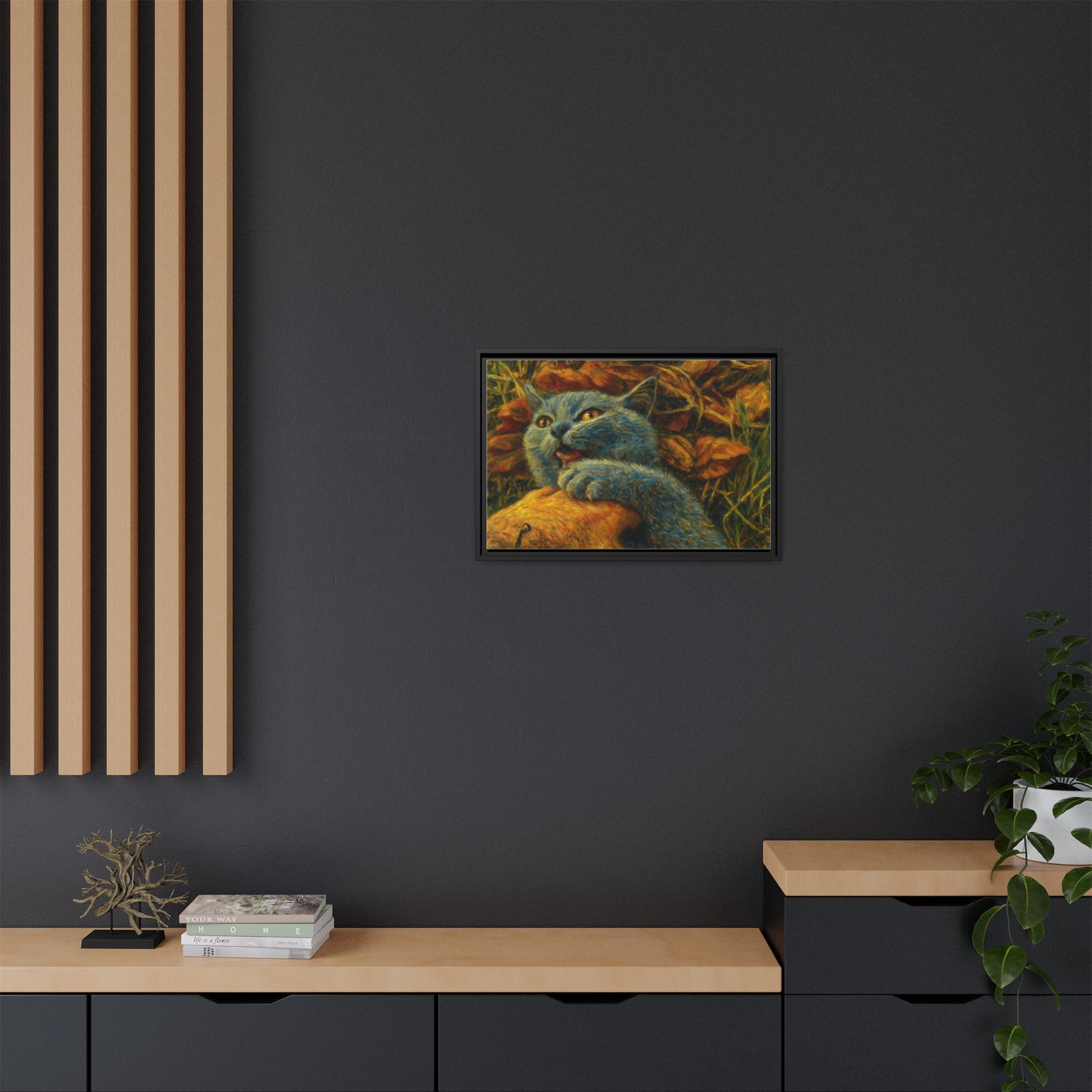 Blue cat canvas print featuring whimsical wall art, perfect gift for cat lovers, produced by Printify.