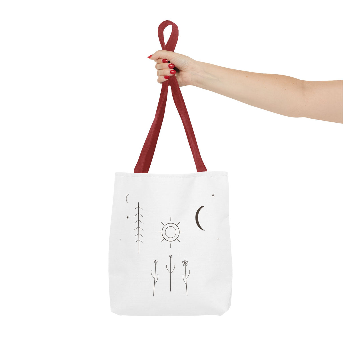 Minimal Moon and Sun botanical tote bag with celestial line art design, made by Printify.