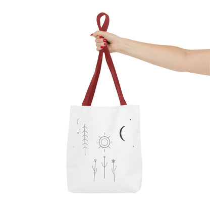 Minimal Moon and Sun botanical tote bag with celestial line art design, made by Printify.