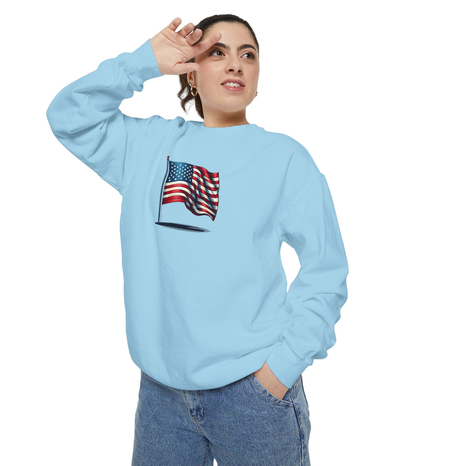 Patriotic Unisex Garment-Dyed Sweatshirt with Vintage American Flag, Cozy Fall Outfit, Statement Sweater, Gift for Veterans, Casual Fashion - TRV