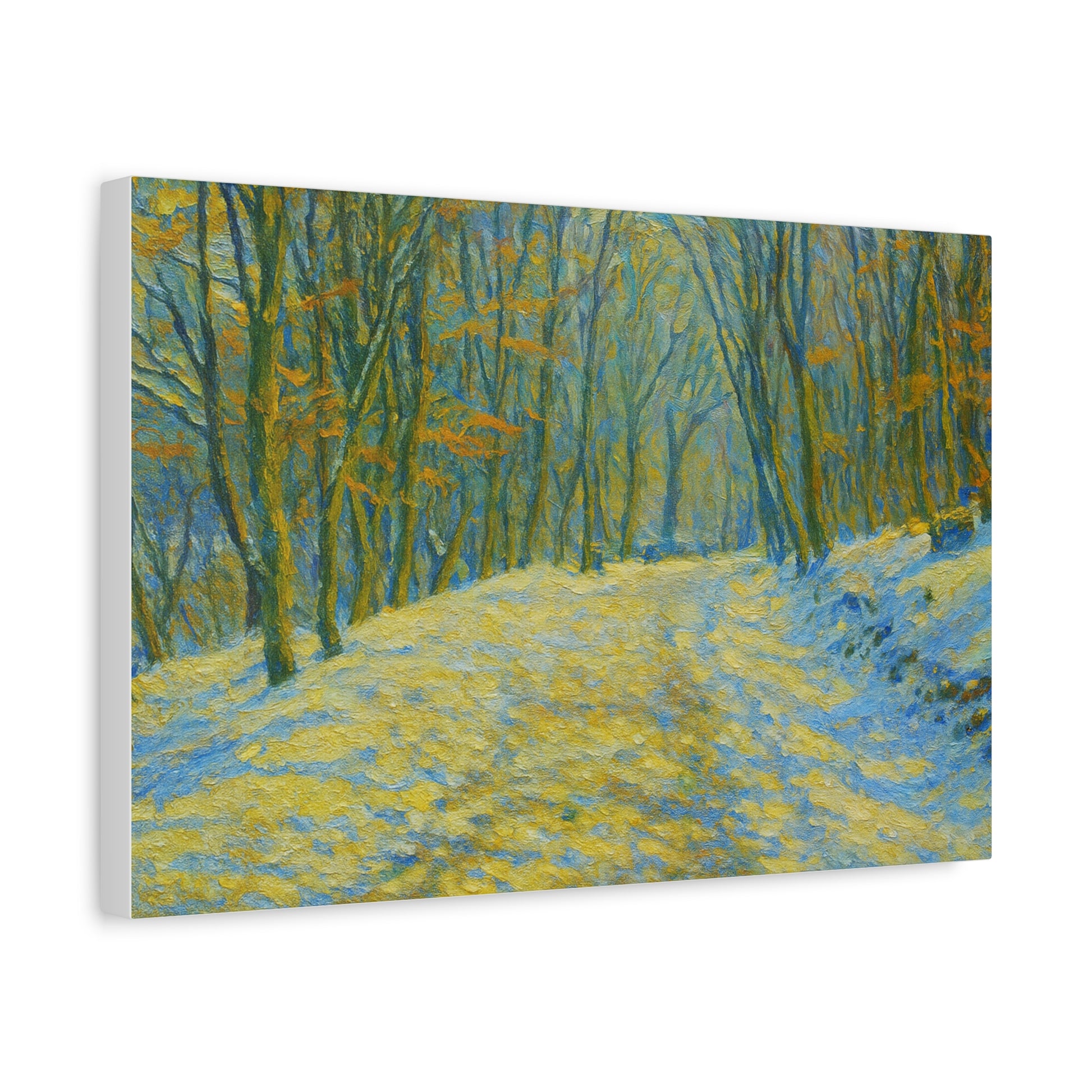 Winter landscape canvas wall art by Printify featuring a cozy nature scene, ideal for living room decor.