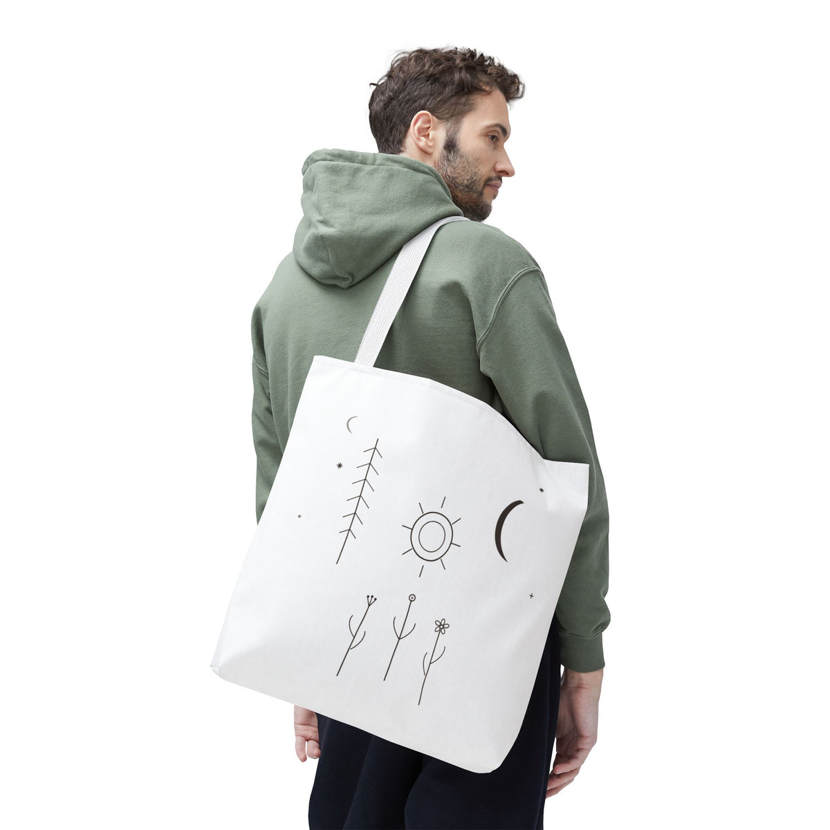 Minimal moon and sun botanical tote bag with celestial line art design from Printify, featuring a natural canvas look.