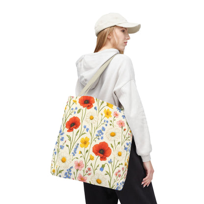 Wildflower Poppy print tote bag by Printify with a vibrant floral all-over pattern, showcasing a spacious canvas bag with sturdy handles.