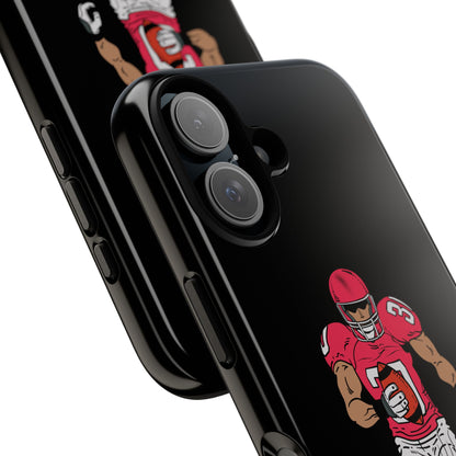 Black football player tough phone case for iPhone, featuring sports-themed design and durable protective material.