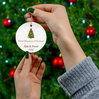 Personalized First Christmas Married ceramic ornament with names and year, featuring a festive holiday design.