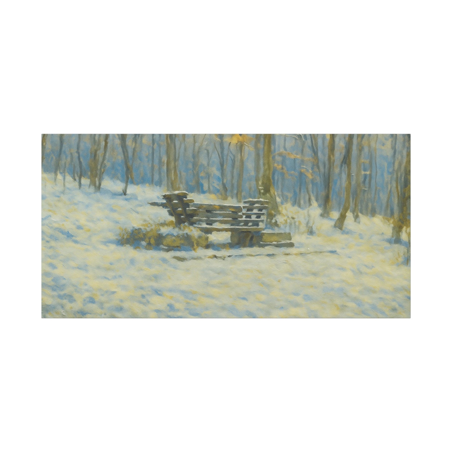 Snowy park bench matte canvas print featuring winter woodland scene, stretched 1.25 inches, ideal for wall decor.
