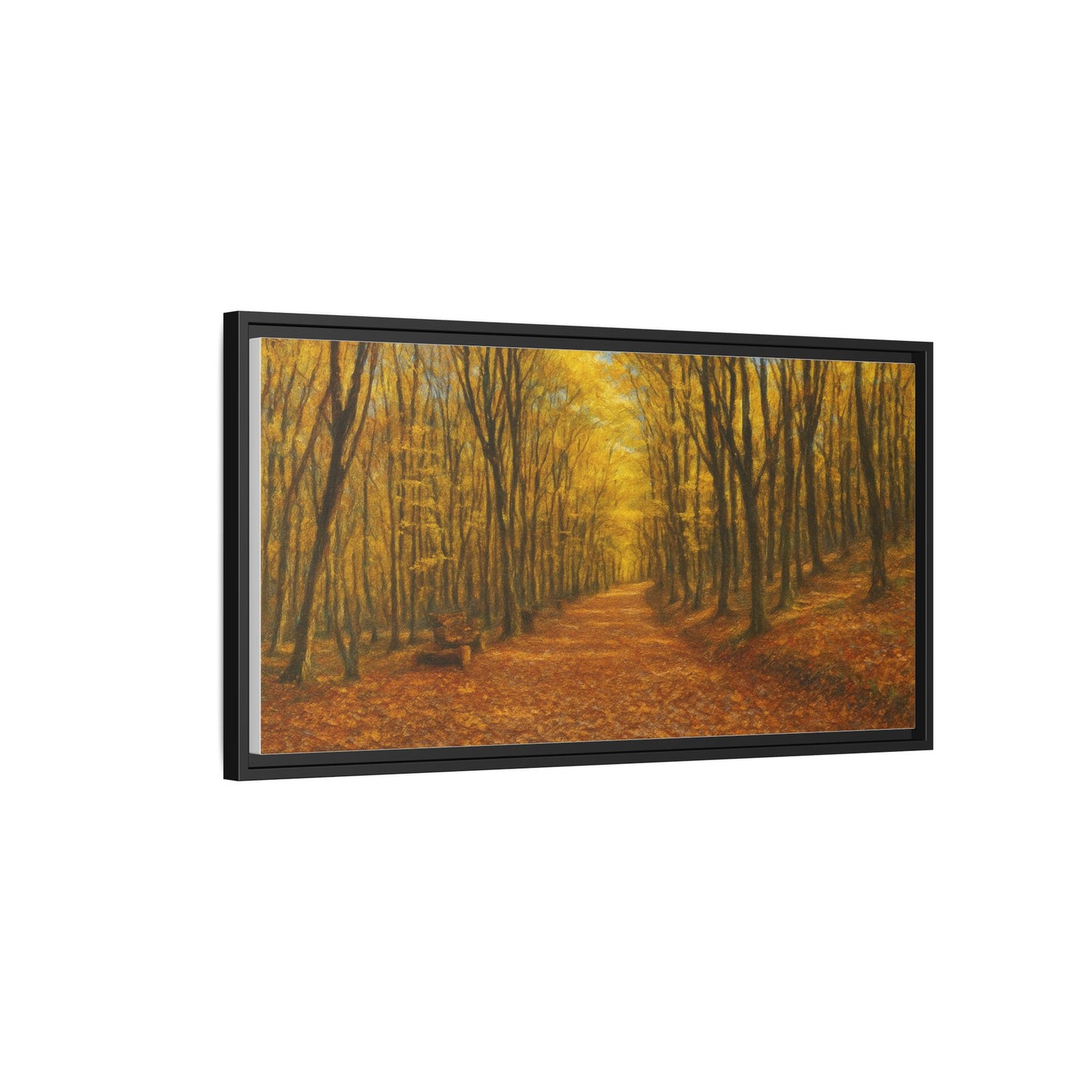 Autumn forest path matte canvas wall art by Printify, featuring a scenic woodland trail with vibrant fall foliage.