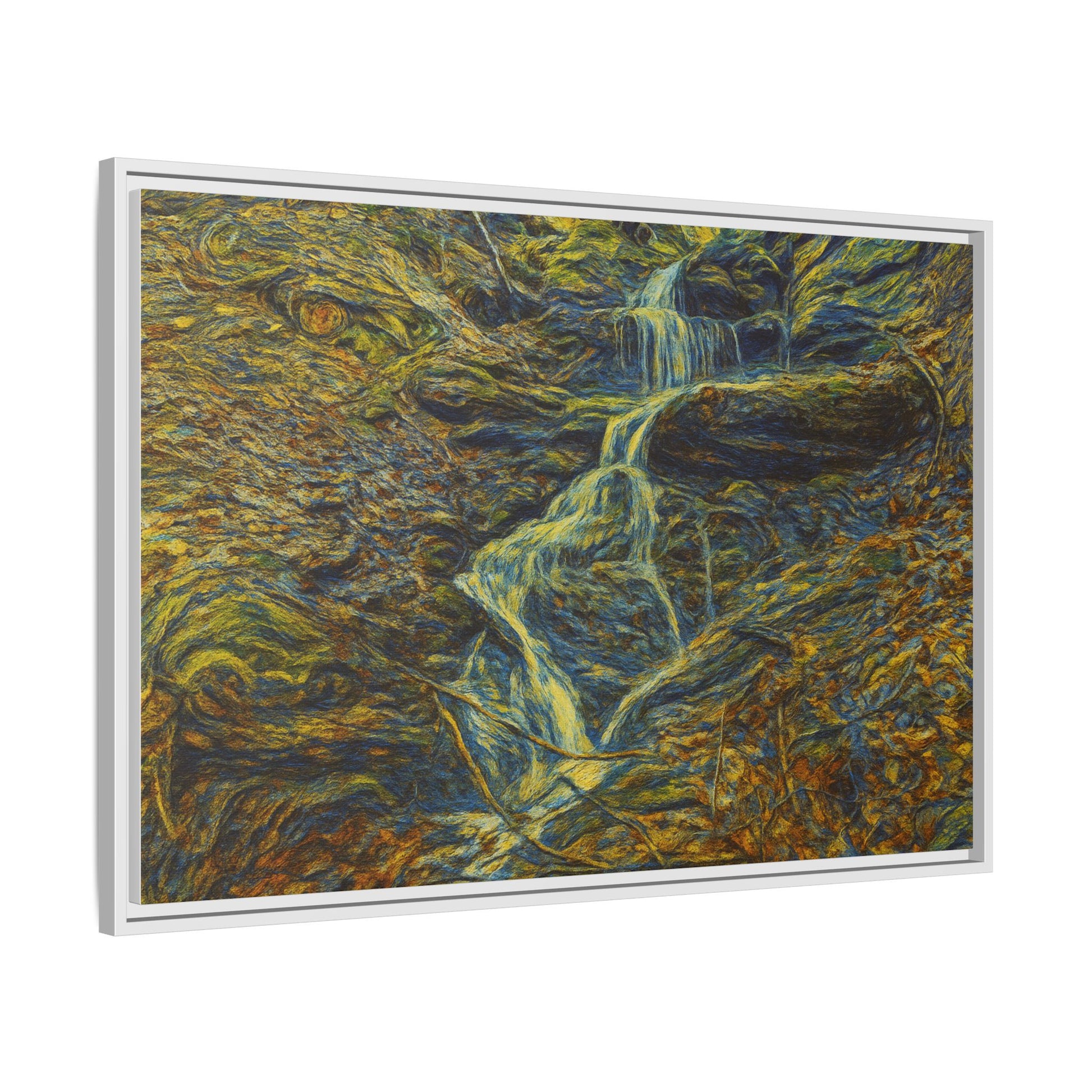 Framed matte canvas wall art depicting an autumn forest with a waterfall, by Printify.