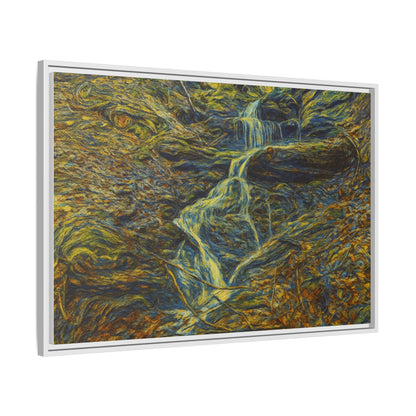 Framed matte canvas wall art depicting an autumn forest with a waterfall, by Printify.
