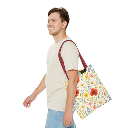 Wildflower Poppy print tote bag by Printify featuring a vibrant floral all-over pattern on durable fabric.