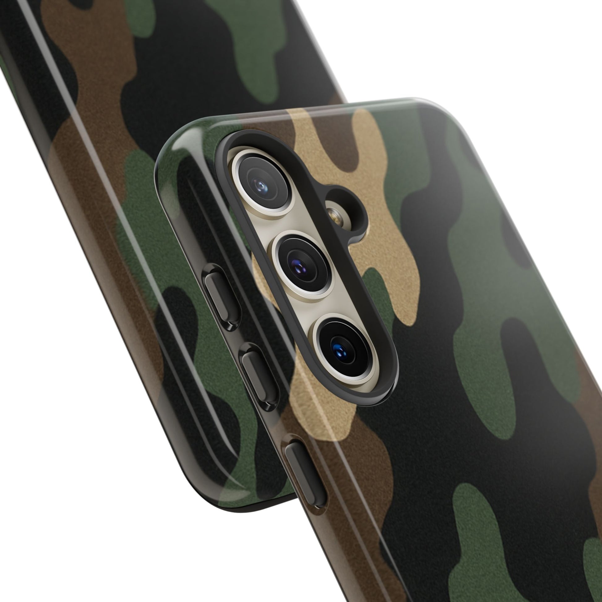 Military green Printify Camo Tough Phone Case showing rugged, protective design for smartphones with camouflage pattern.
