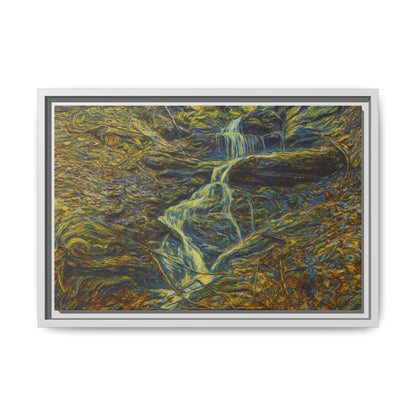 Framed matte canvas wall art of an autumn forest with a waterfall, featuring natural colors and detailed landscape design.