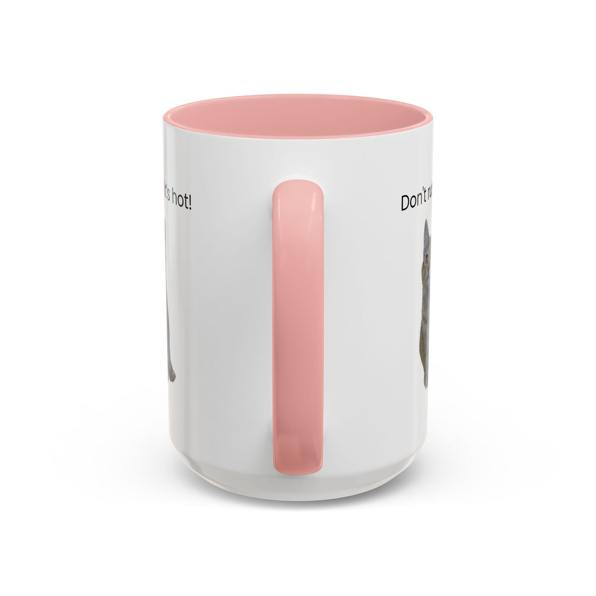 Ceramic cat coffee mug with "Don't rush, it's hot!" phrase, 11 oz, featuring a playful design and a comfortable handle.