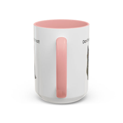 Ceramic cat coffee mug with "Don't rush, it's hot!" phrase, 11 oz, featuring a playful design and a comfortable handle.