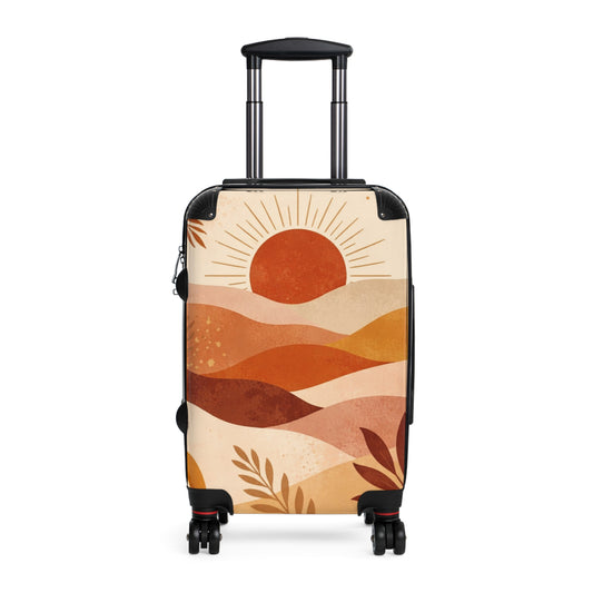Boho sunset landscape suitcase cover by Printify protecting travel luggage with vibrant sunset and landscape design.