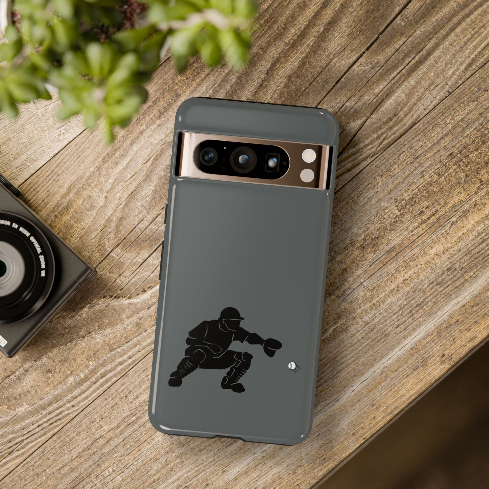 Printify baseball catcher phone case, tough protective cover with baseball glove and ball design for iPhone or Android.