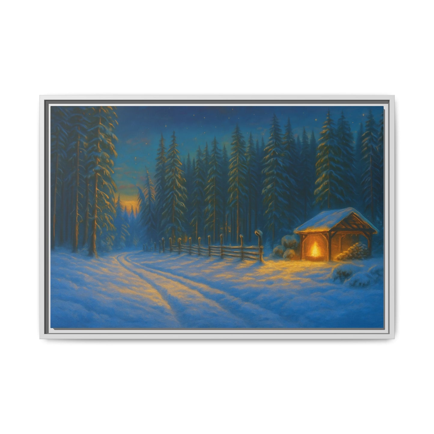Matte framed canvas wall art of a snowy forest in the evening, featuring a cozy winter cabin scene by Printify.