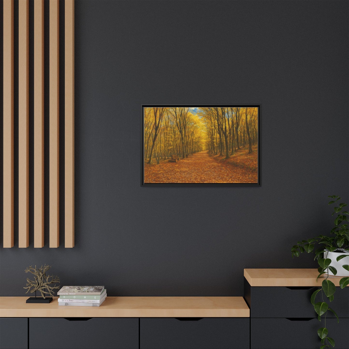Autumn forest path matte canvas wall art by Printify featuring a scenic forest trail with vibrant fall foliage.