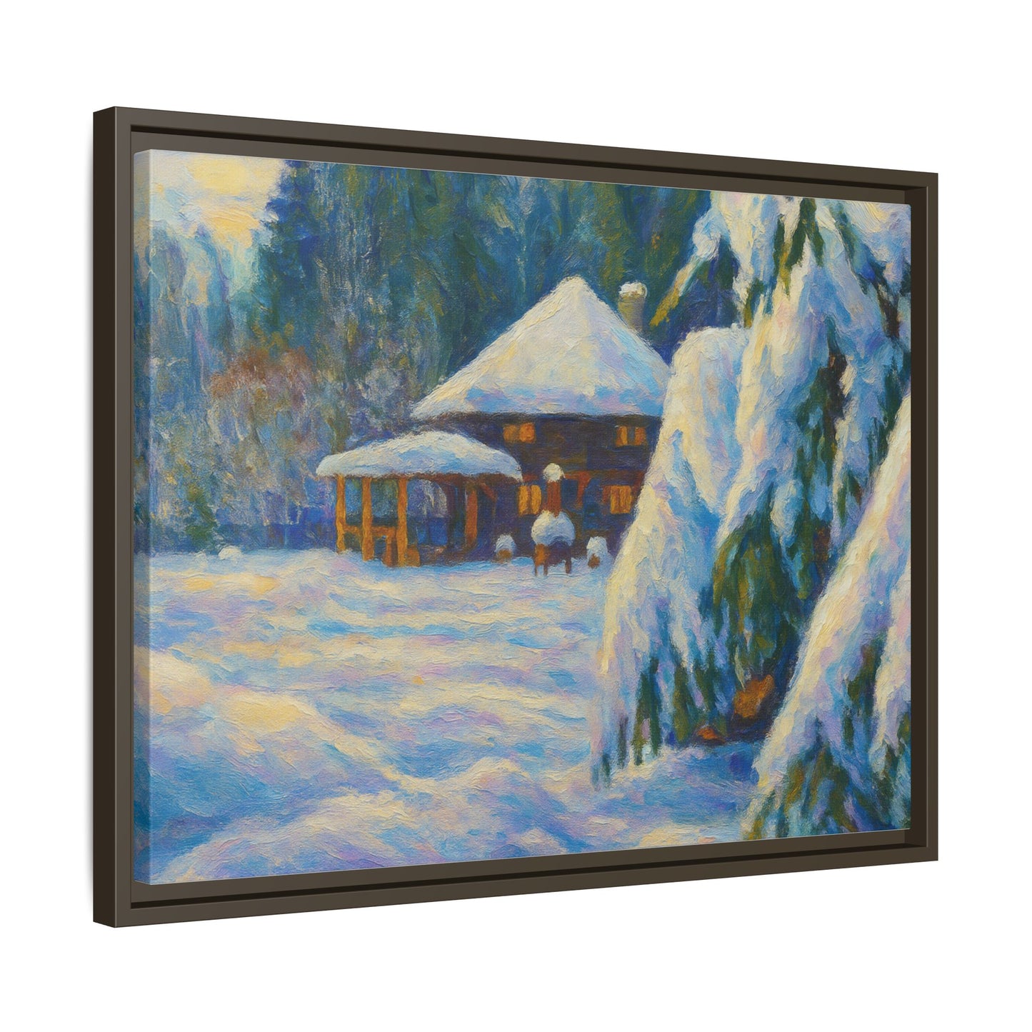 Framed matte canvas wall art featuring a snowy cabin winter landscape with trees and a peaceful winter scene.