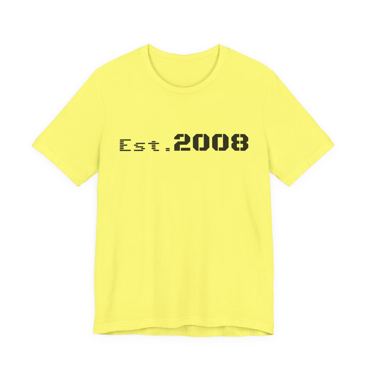 Black graphic T-shirt by Printify featuring "Established 2008" minimal design on the front.