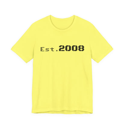 Black graphic T-shirt by Printify featuring "Established 2008" minimal design on the front.