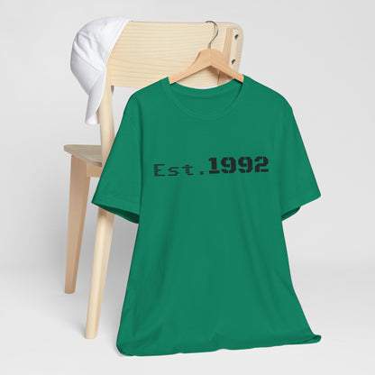 Retro vintage Est. 1992 T-shirt by Printify featuring bold printed design and classic fit, perfect for celebrating birth year style.