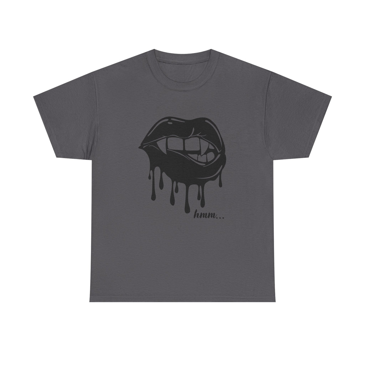 Graphic T-shirt by Printify featuring a dripping lips "hmm..." bite design in black and white print.