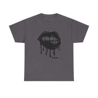 Graphic T-shirt by Printify featuring a dripping lips "hmm..." bite design in black and white print.