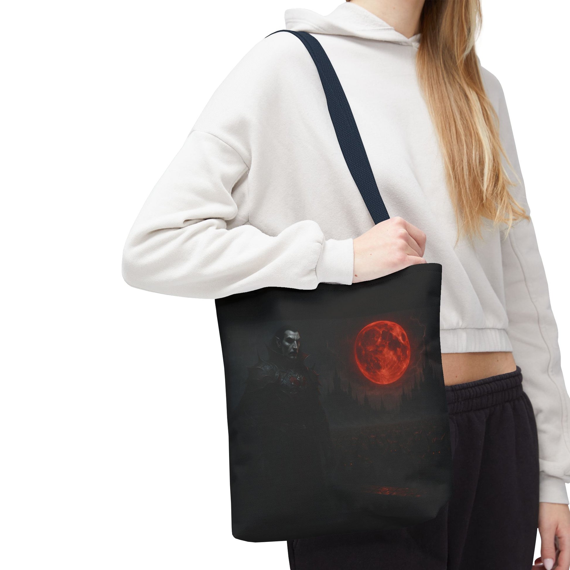 Gothic Dracula tote bag with moonlit vampire art by Printify, perfect for Halloween or gothic fashion accessories.