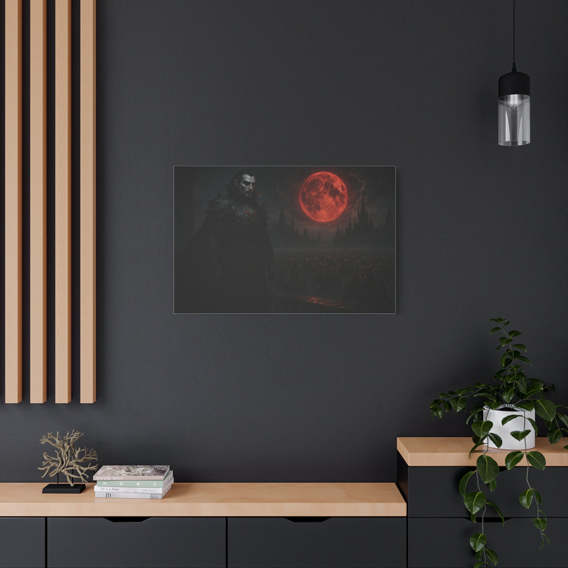 Red moon vampire lord matte canvas print featuring dark, gothic artwork on high-quality canvas for dramatic wall decor.