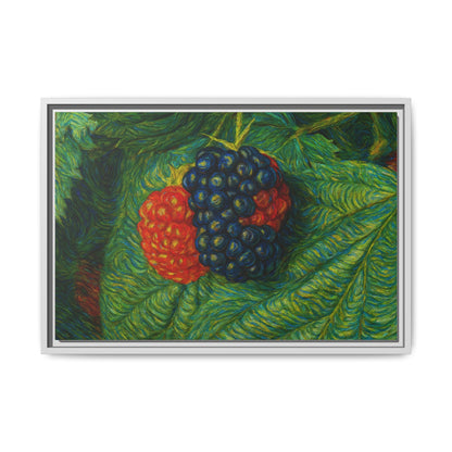 Blackberry still life framed canvas print by Printify featuring a detailed, vibrant painting of ripe blackberries on a canvas art piece.