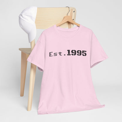 Vintage minimalist "Est. 1995" T-shirt by Printify featuring a stylish birthday design and casual fit.