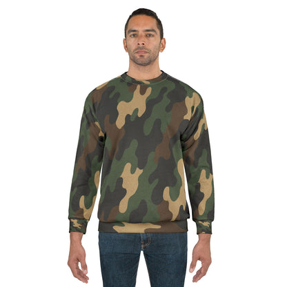 Camo all-over print sweatshirt by Printify featuring a camouflage design on soft, comfortable fabric.