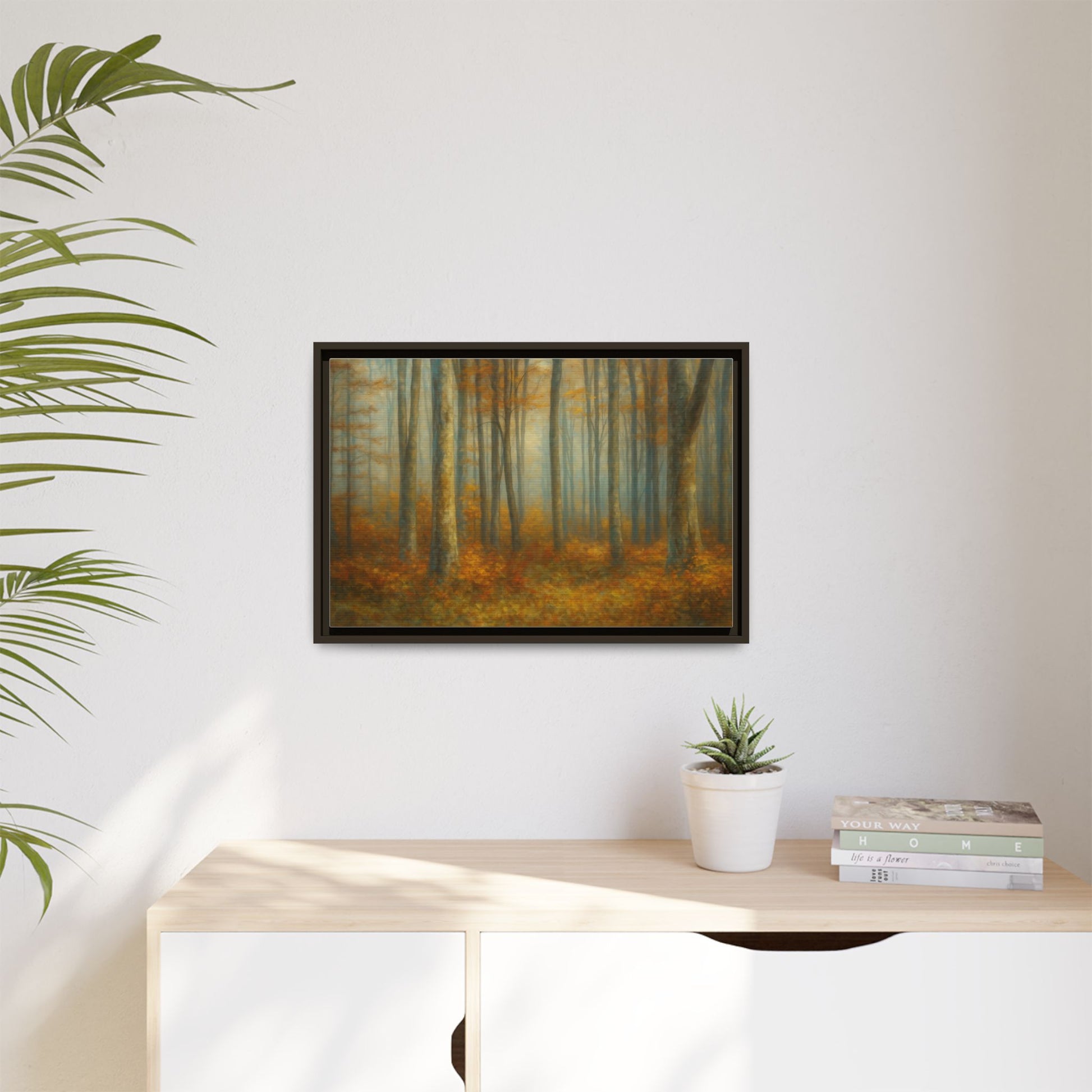 Framed autumn forest canvas print featuring misty woodland scene, wall art by Printify with natural fall colors and detailed forest imagery.