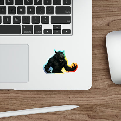 Holographic werewolf die-cut sticker featuring a rainbow moonlight monster decal on paper, bright and colorful design.