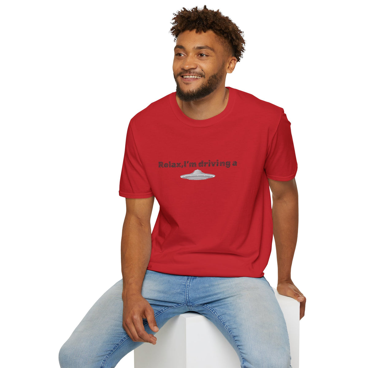 Funny alien graphic T-shirt by Printify featuring a UFO design, perfect for sci-fi fans and alien enthusiasts.