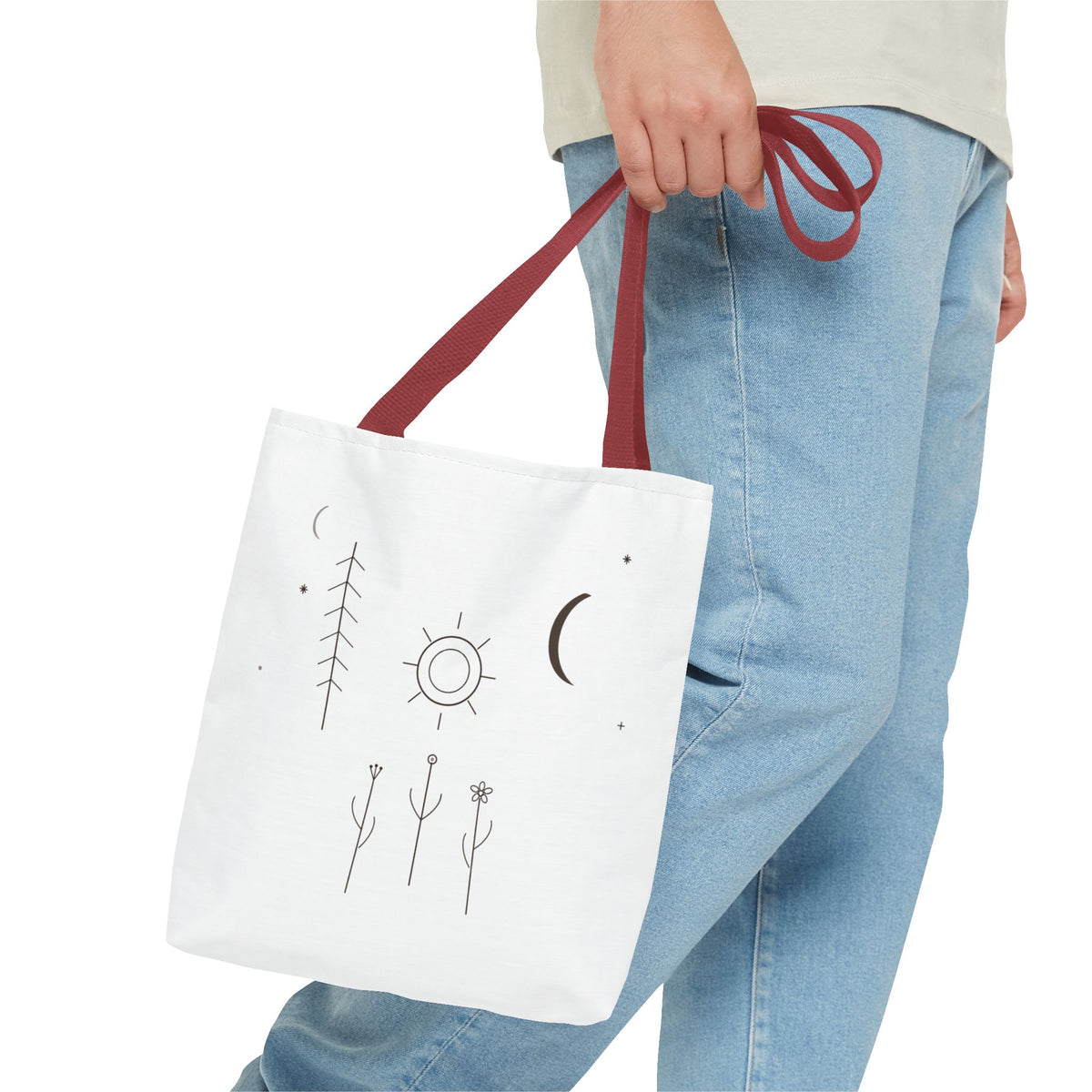 Minimal moon and sun botanical tote bag with celestial line art design, made by Printify, featuring natural botanical illustrations.