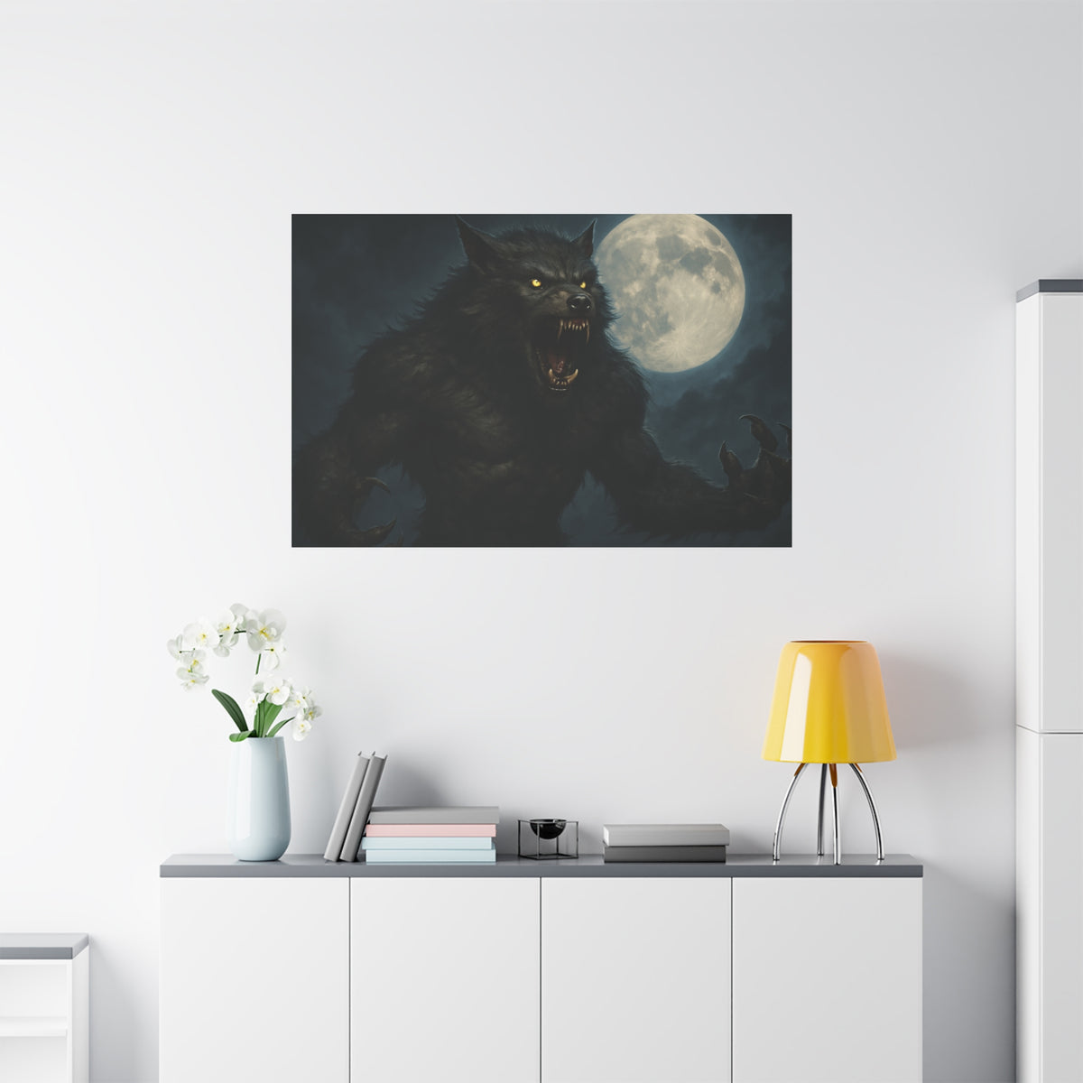 Werewolf Moon matte canvas print featuring a spooky full moon, perfect as eerie wall art for horror or Halloween decor.